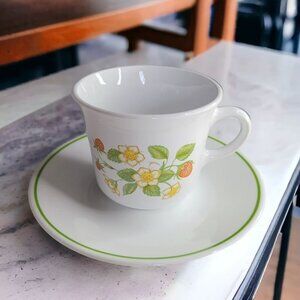 Corelle by Corning Teacup Saucer Strawberry Sundae Flower Set White Green‎ Glass